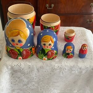 Hand-Painted Blue Matryoshka Nesting Dolls Set - Folk Floral Design